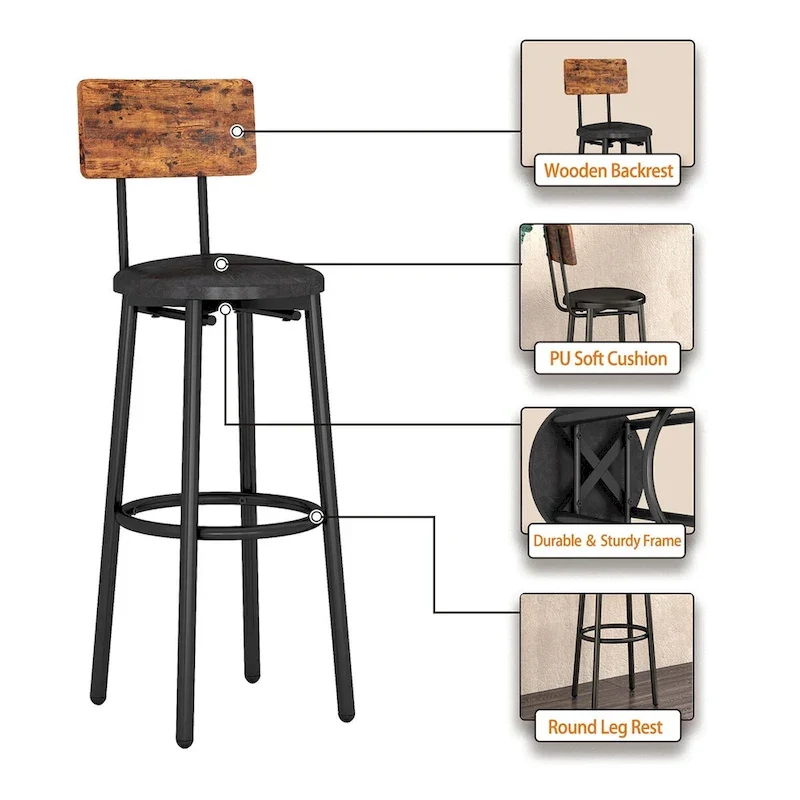 Grondin Industrial Style 3-Piece Round Bistro Pub Table Set with 2 PU Leather Bar Stools and Shelf, Counter Height Bar Table Set