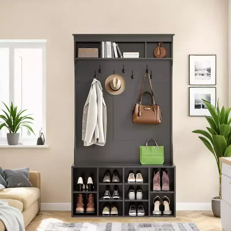 71-Inch Black Hall Tree - With Shoe Storage & 7 Hooks, Freestanding Adjustable Bench for Mudroom