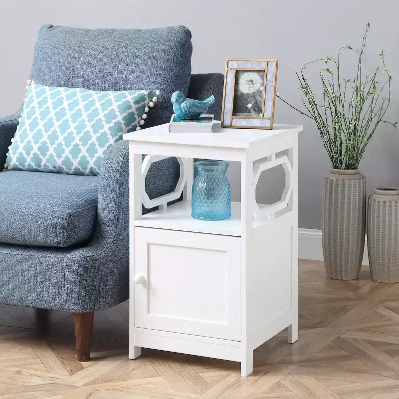 Belmont End Table with Cabinet and Open Shelf Storage, Stylish Octagon Design, Compact MDF Side Table for Living Room or Bedroom