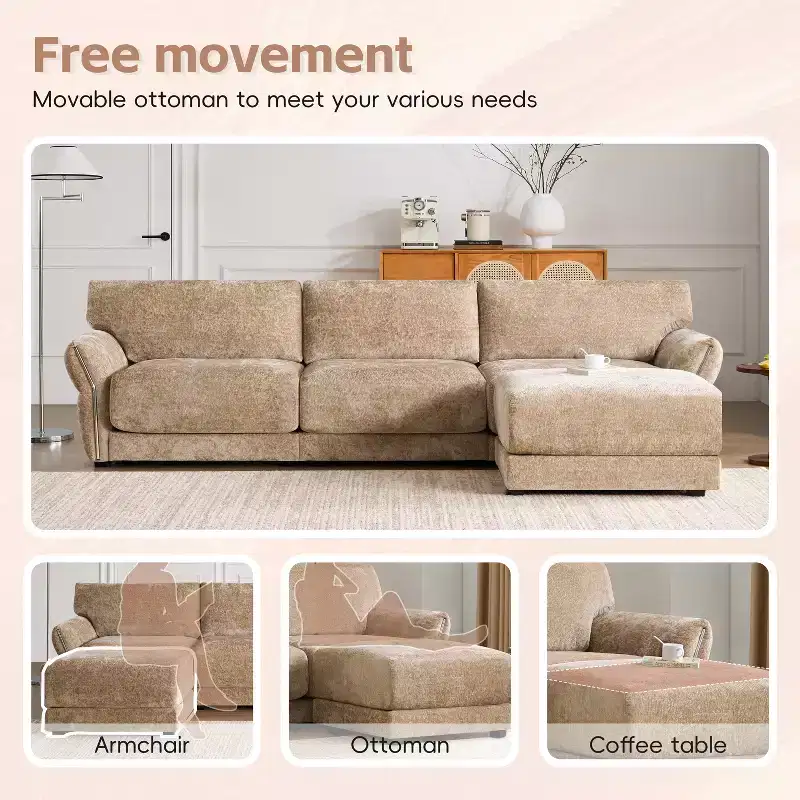 L-Shaped Sectional Sofa Set with Ottoman, 3-Seat Chenille Couch with Extra-Wide Seat and USB, 110
