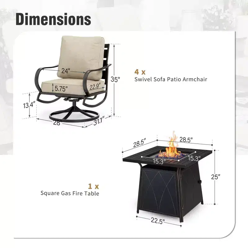 Captiva Designs 5pc Metal Patio seating Furniture Fire Pit Set with Swivel Chairs for Garden Porch Backyard