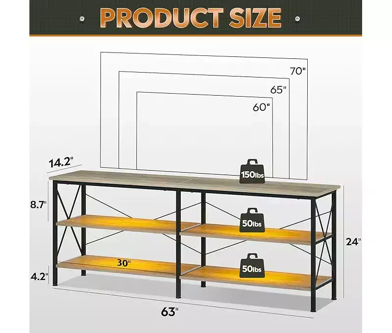GALAXHERO TV Stand for 65-70 inch TV with LED Lights, Gaming Entertainment Center with Storage, Industrial TV Console for Living Room, Greige