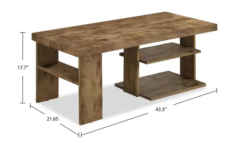 43.3 Rustic Coffee Table with Shelf - Light Pine Finish Wood