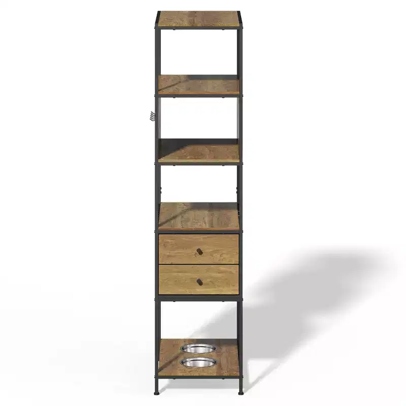 Industrial Bookshelf, Standing Display Shelf with 2 Dog Bowls, Metal and Wood Bookshelf, Dog Feeder Station with Shelves, Brown
