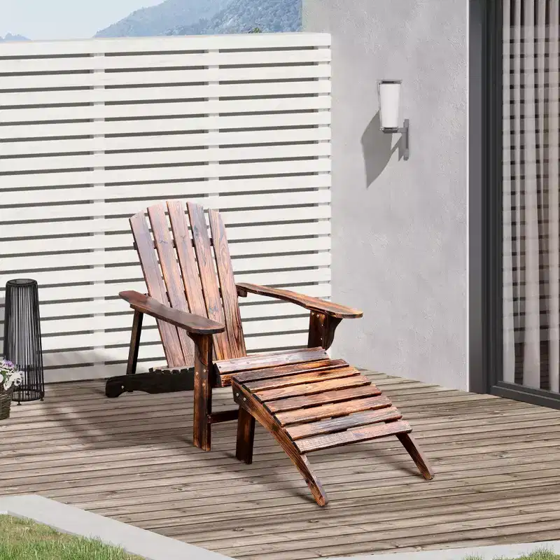 Outsunny Adirondack Chair with Ottoman, Wooden Patio Fire Pit Chair with Footrest & Wide Armrests for Backyard, Garden, Lawn, Rustic Brown