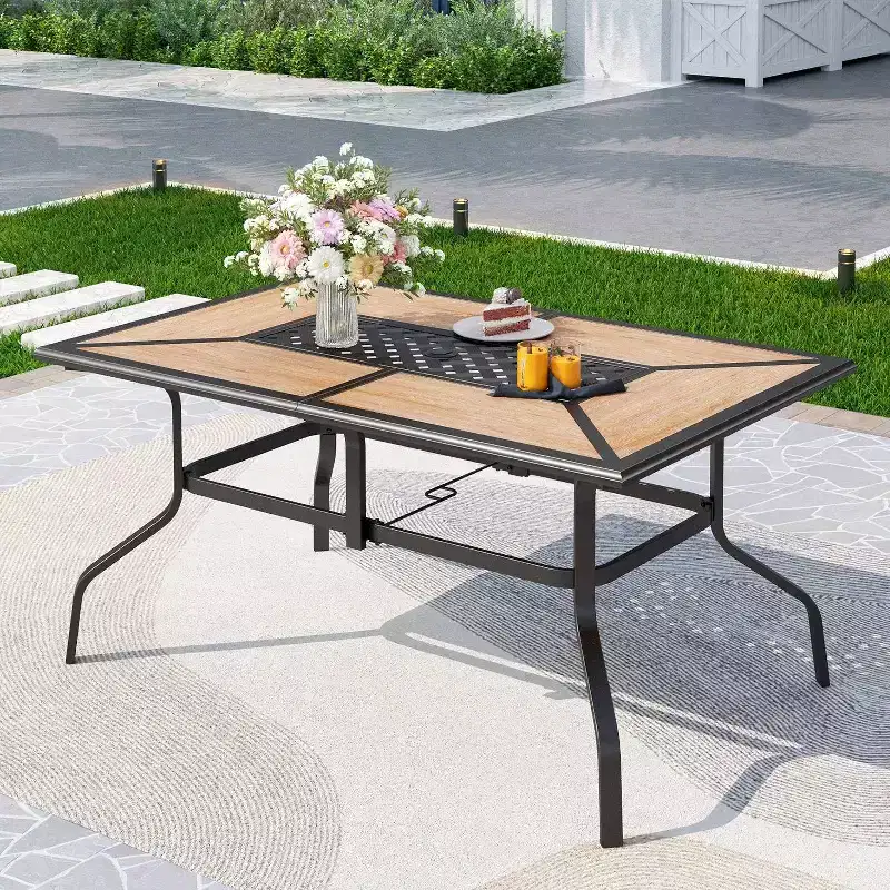 7pc Outdoor Dining Set with Swivel Chairs & Faux Wood/Metal Table with Umbrella Hole - Captiva Designs: Powder-Coated Steel Frame