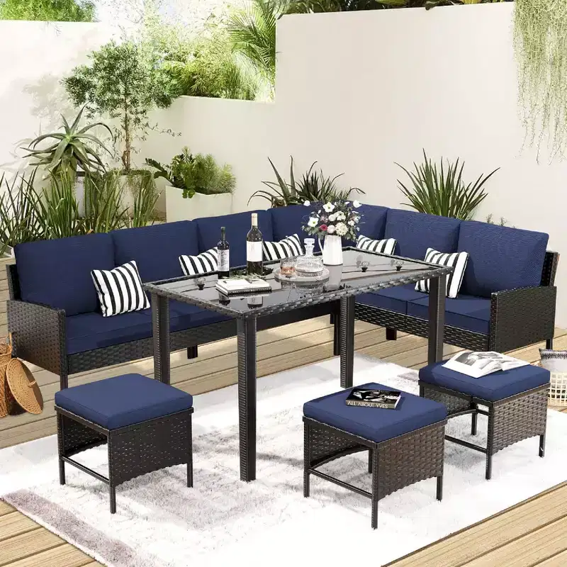 Whisen Patio 7 Pieces Outdoor Sofa Set, Patio Garden Rattan Conversation Seating Set with Soft Thick Cushions