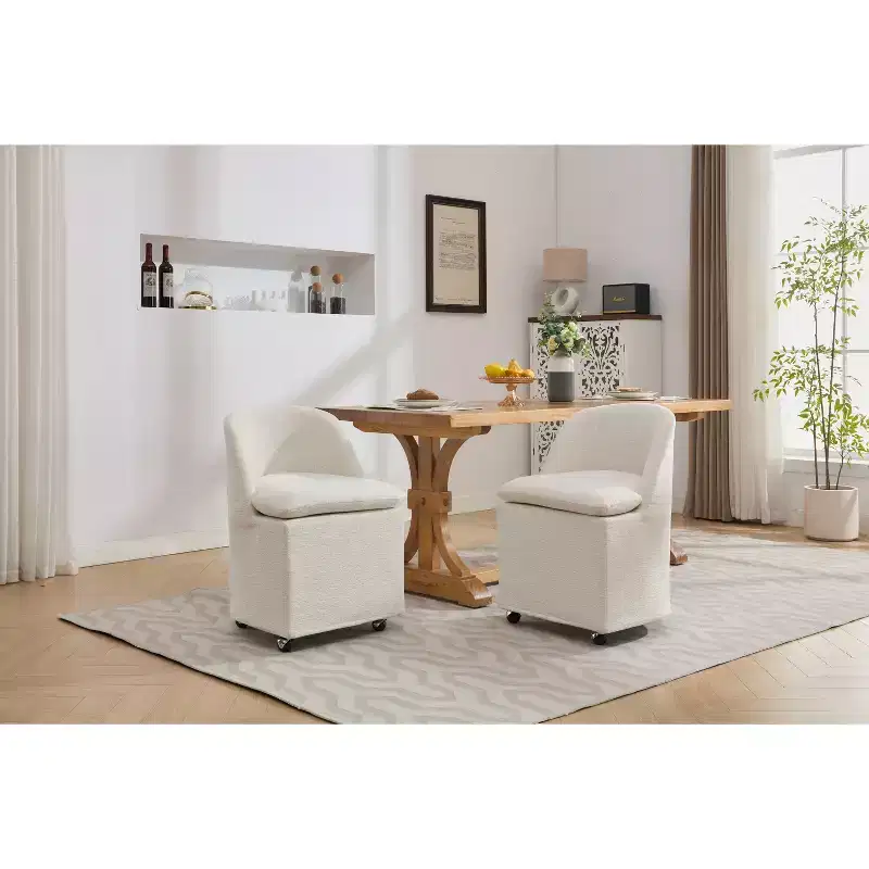 Chenille Turntable-Base Dining Chairs with Wheels, Set of 2  360 Rolling Barrel Chairs with Curved Backrest for Dining Room, Restaurant