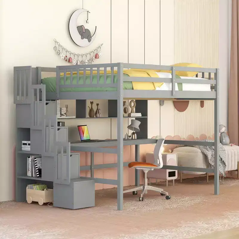Full Loft Bed with Desk and Storage Shelves, Pine Loft Bed Frame with Storage Stairs for Boys and Girls, No Box Spring Needed, Grey