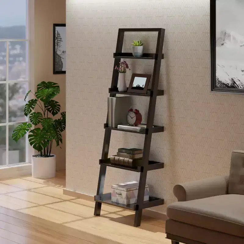 Black 5-Tier Leaning Shelf – Contemporary Wood Bookcase for 1
