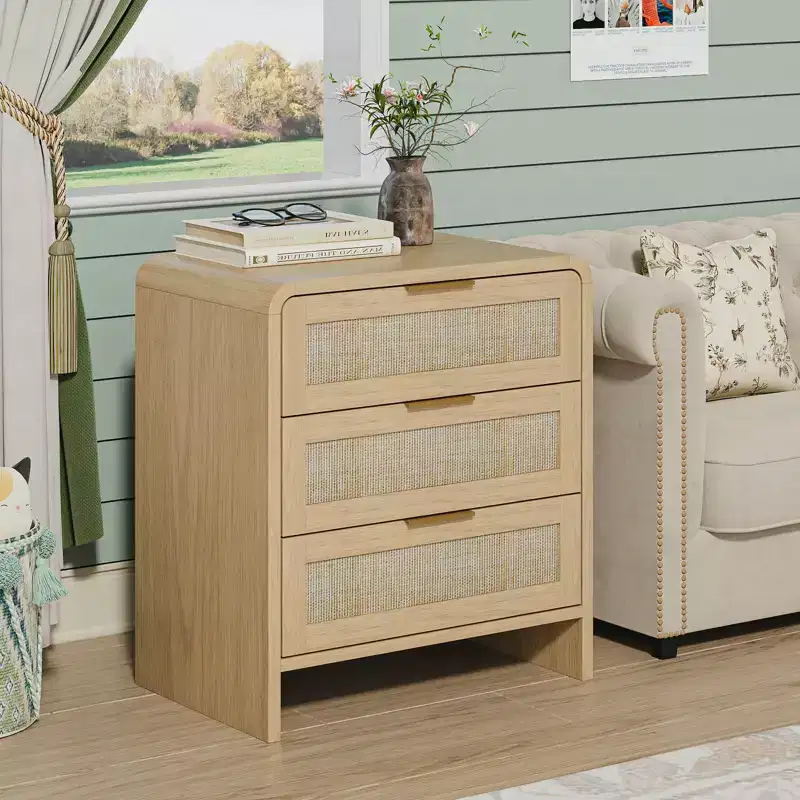 Rattan 3 Boho Rattan 3 Drawer Nightstand for Bedroom Living Room