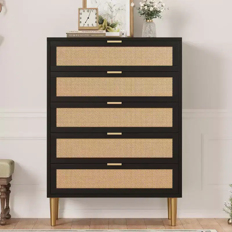 Rattan 5 Drawer Dresser, 44'' Tall Narrow Chest of Drawer, Farmhouse Wooden Storage Cabinet with Metal Legs and Handles, Modern Dresser for Bedroom