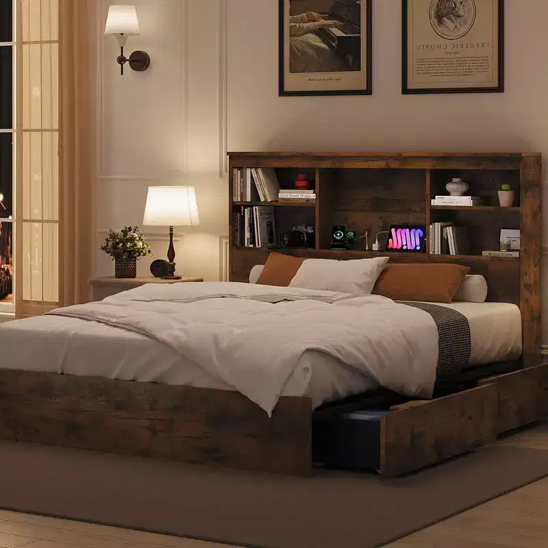 King Size Bed Frame with High Storage Bookcase Headboard, Wood Bed Frame with 4 Storage Drawers, Built in Charging Station,No Box Spring Needed
