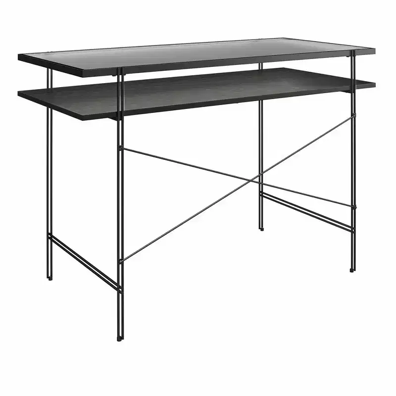 Metal & Particle Board Writing Desk with Fluted Glass Top & Open Shelf 43.25''W x 29.5''H Black