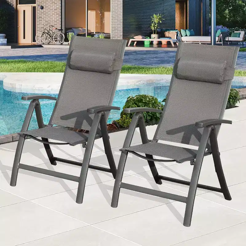 Clihome Patio Folding Chairs Set of 2 - Textilene Adjustable Backrest Loungers