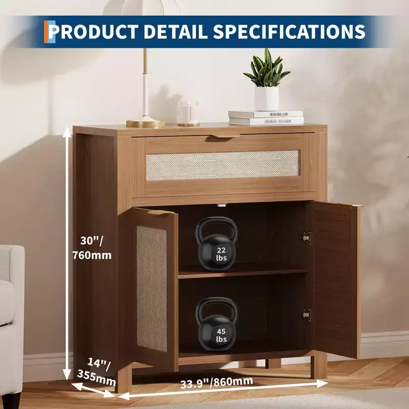 Buffet Cabinet, Modern Wood Rattan Storage Sideboard with Adjustable Shelves & Drawers, Versatile Credenza