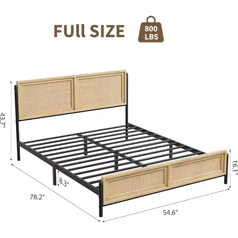 Boho Rattan Bed Frame with Headboard & Footboard, Wooden Slat Support, No Box Spring Needed