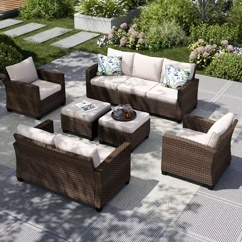 Captiva Designs 6pc Outdoor Patio Wicker Conversation Set with Cushioned Loveseat for Garden Poolside Backyard