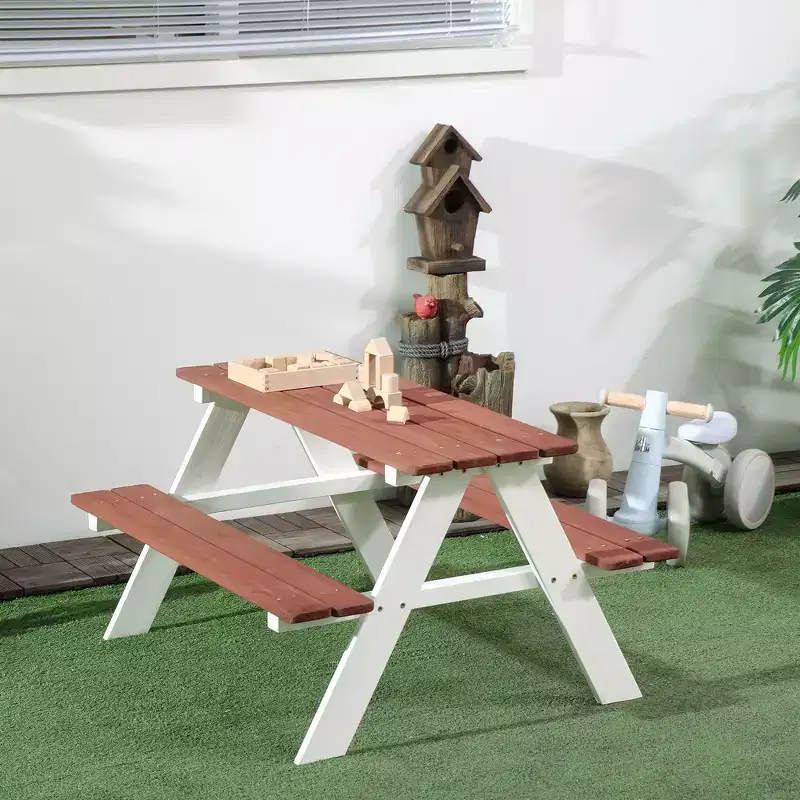Whisen Kids Picnic Table Set, Wooden Table & Bench Set, Gift for Kids Aged 3-8 Years Old - Brown
