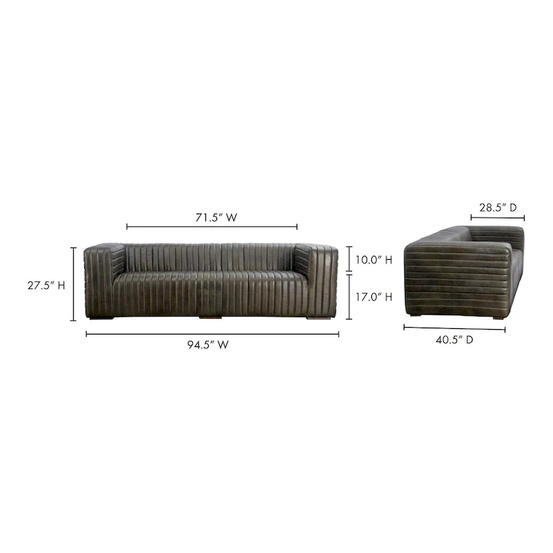 Modern Channel-Stitched Top-Grain Leather Sofa, 3-Seater
