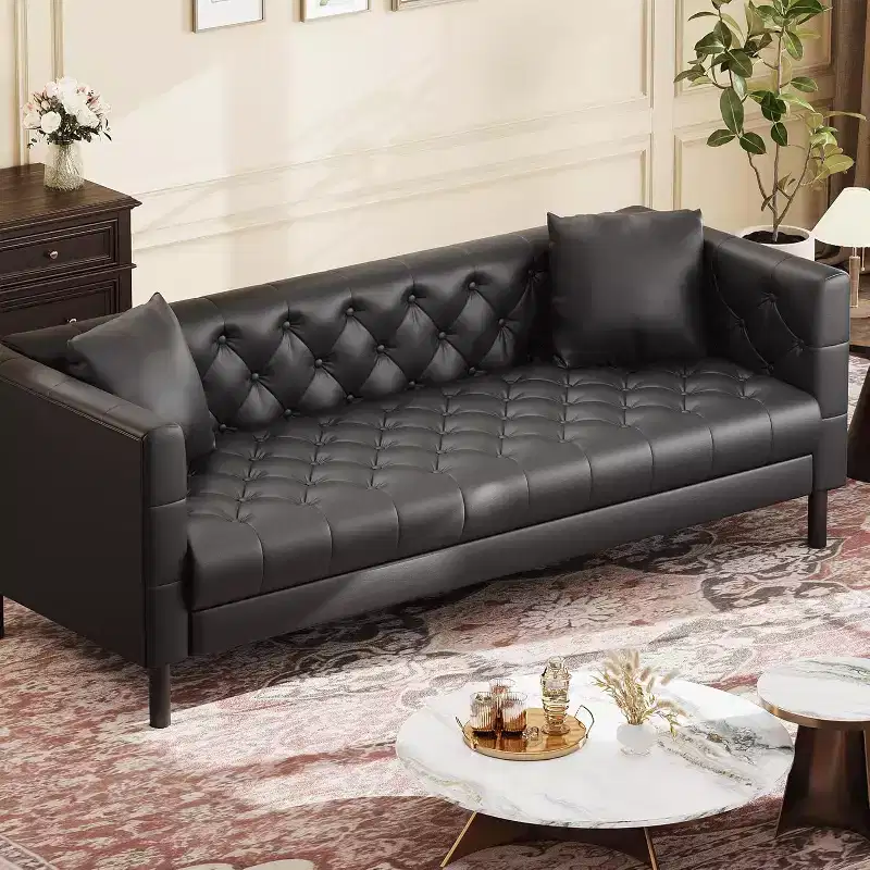 Mid-Century Modern Leather Sofa for Living Room, Chesterfield Sofa with Deep Seats and 2 Pillows, 3 Seater sofa with Butto Tufted Leather sofa