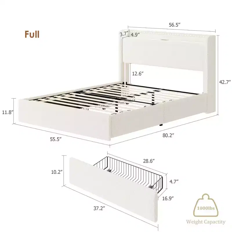 COZONY Full/Queen Boucle Bed Frame with Storage Headboard, Charging Station & LED Lights, No Box Spring