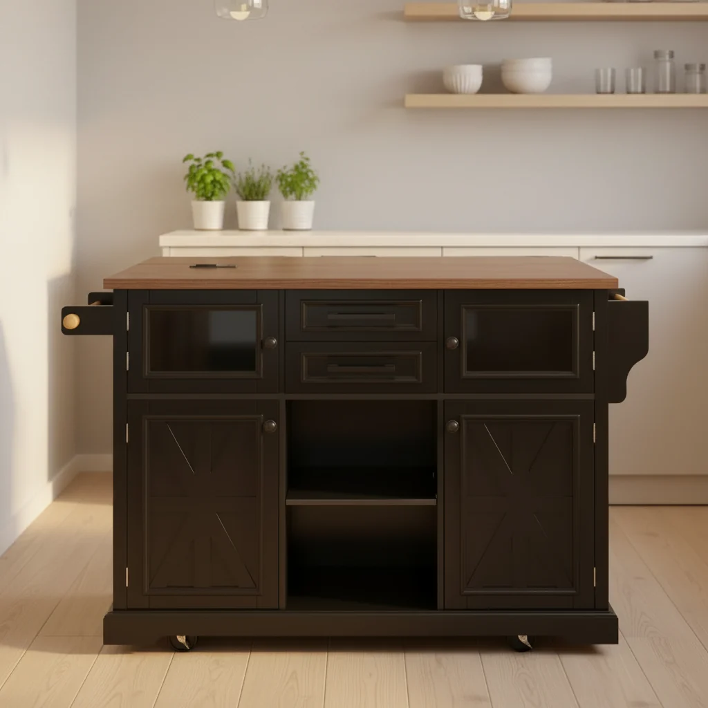 54.9 Kitchen Island with Drop Leaf, Power Outlet, Storage Cart with Glass & Barn Doors, 4 Shelves & Wheels (No Stools)