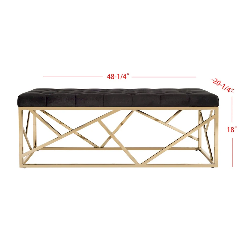 Black & Gold Tufted Rectangular Bench, Single Seat