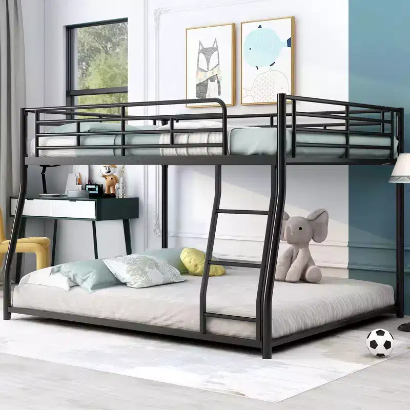 Metal Bunk Bed Twin XL over Queen Size with Ladder and High Guardrail, Heavy Duty Full Size Bunk Bed Frame for Kids Teens Adults