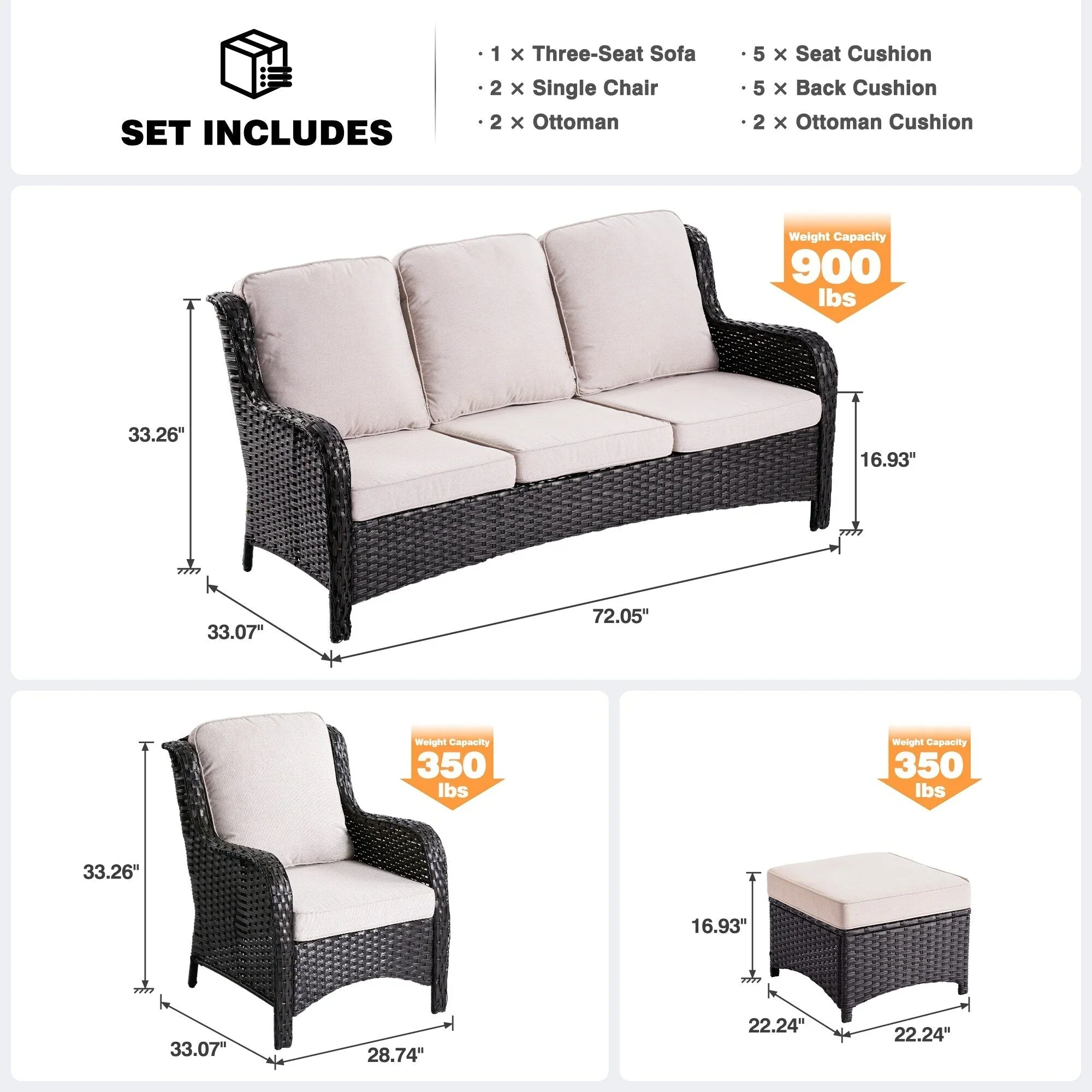 OVIOS 5-piece Patio Wicker High Back Conversation Set