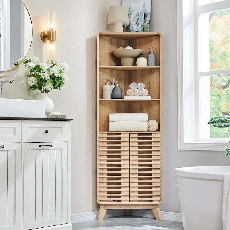 Slatted Door Tall Corner Cabinet, 68   Mid-Century Bathroom Cabinet
