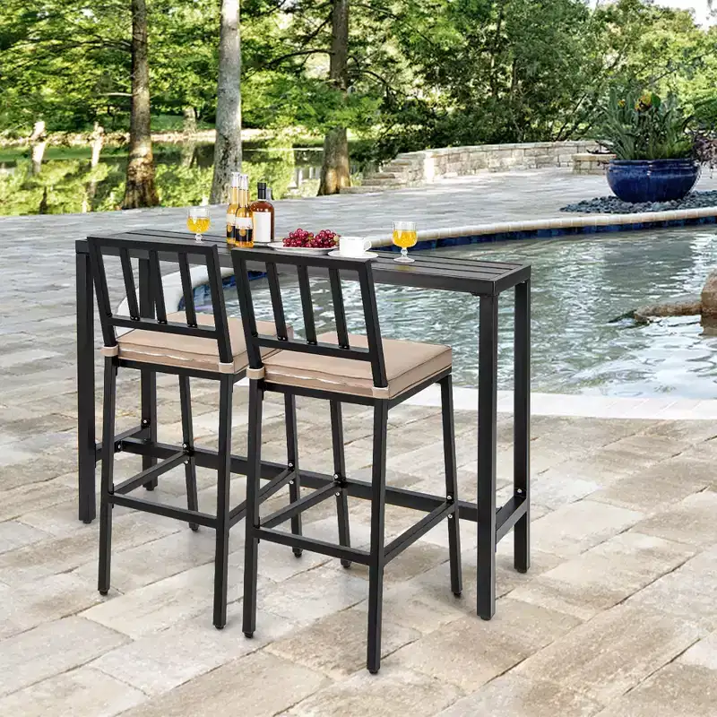 Costway 3PCS Patio Dining Table Set Metal Bar Table & Chairs Set with Cushion