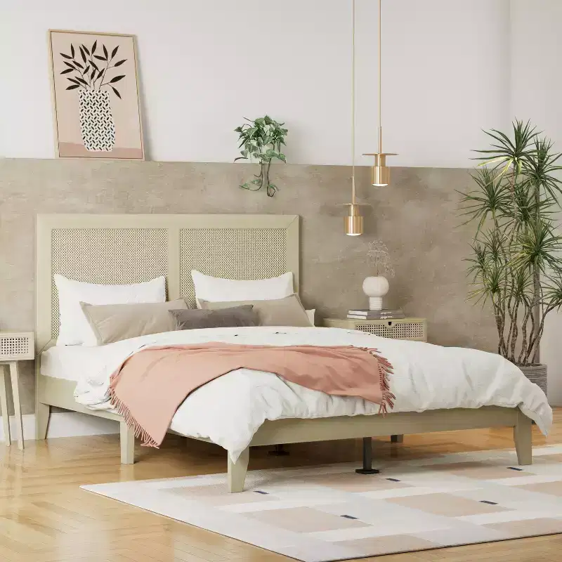 King/California King/Queen Size Platform Bed with Rattan Headboard and Solid Wood Frame, Natural-Christopher Knight Home