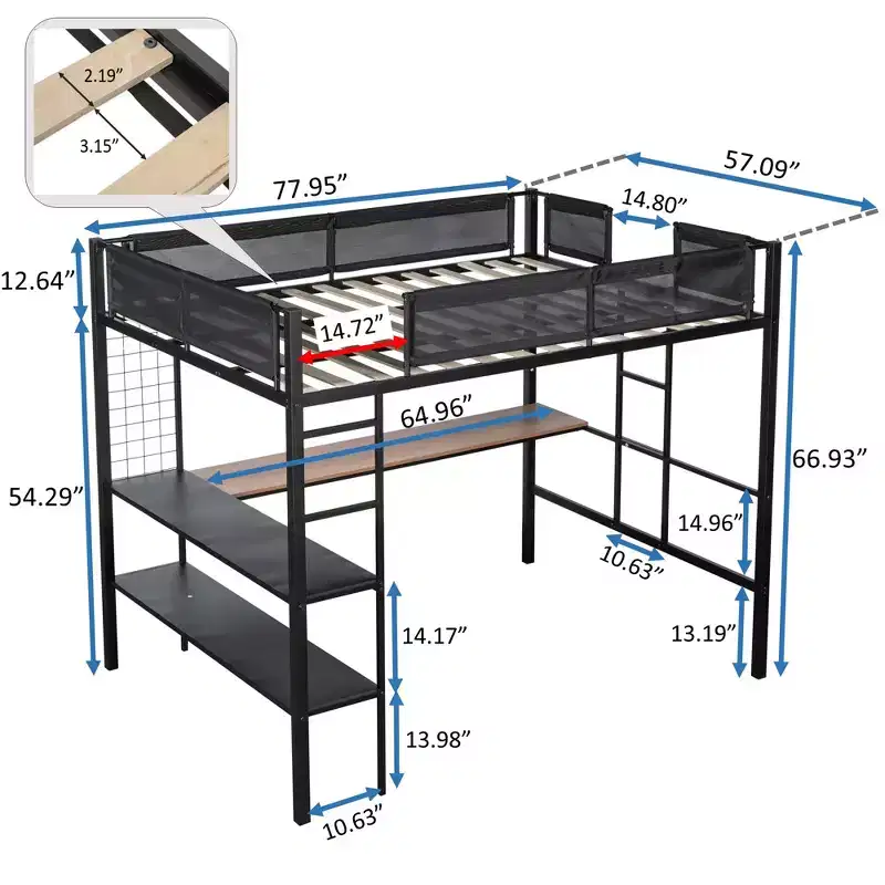 Bellemave Metal Full Size Loft Bed with Desk / Sturdy Metal Bed Frame/ Noise-free Wood Slats/ Comfortable Textilene GuardrailSuitable for teenagers