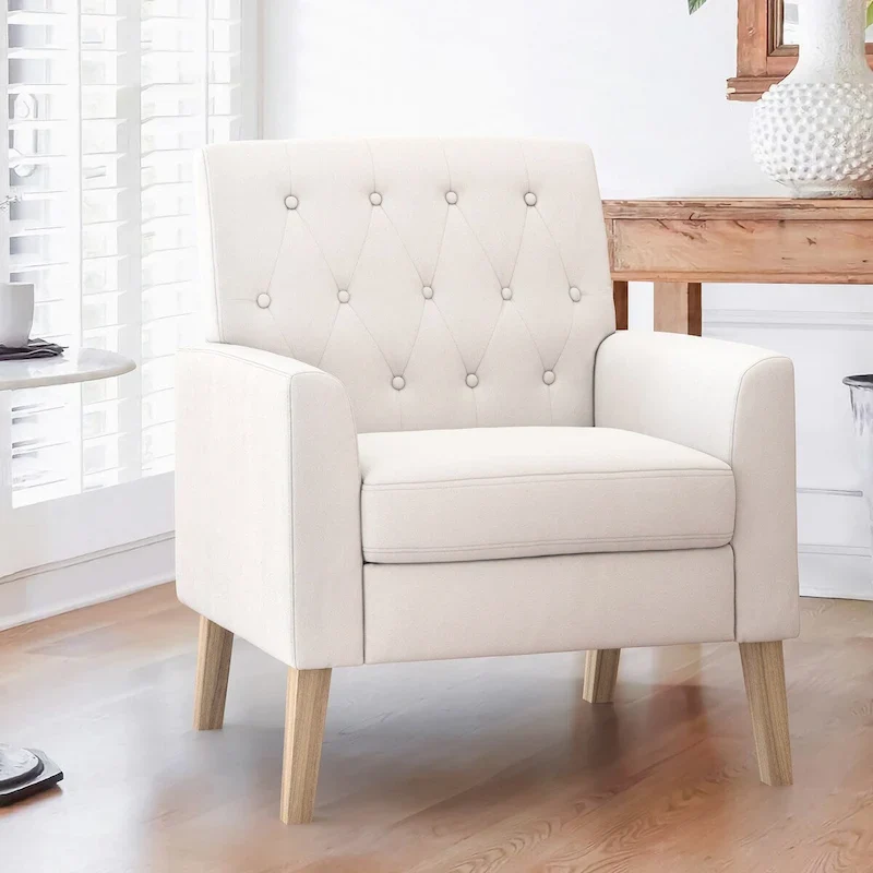 Mid-Century Modern Linen Accent Chair with Button Tufted Back