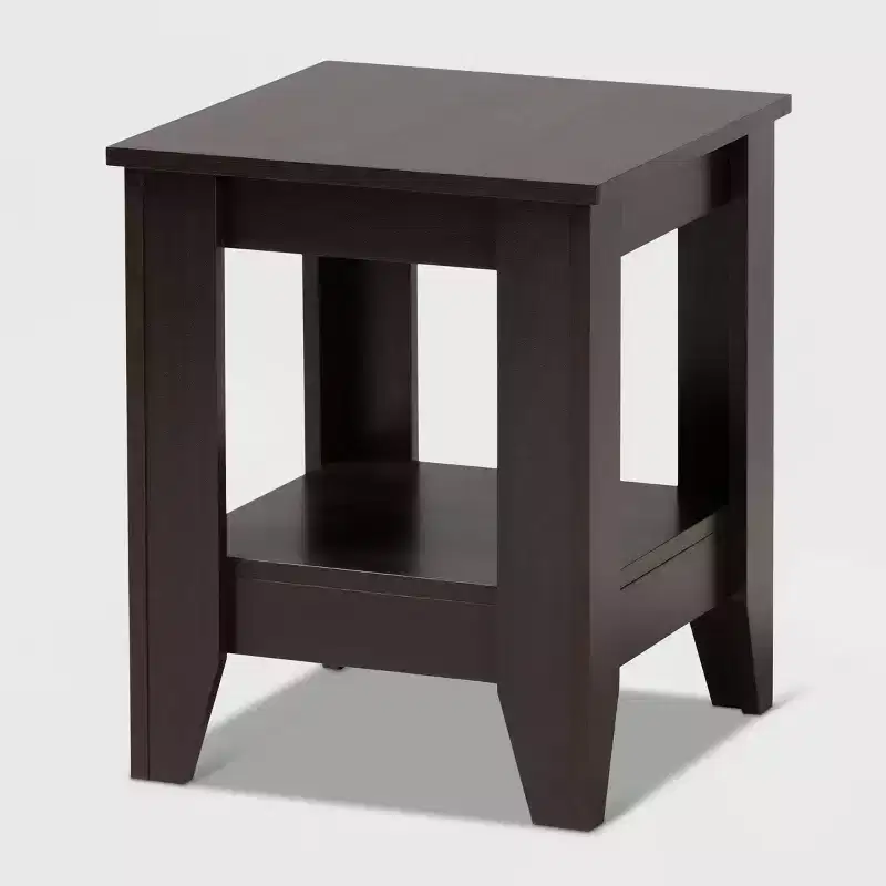 Compact Wood End Table with Shelf Storage and Tapered Feet, Dark Brown