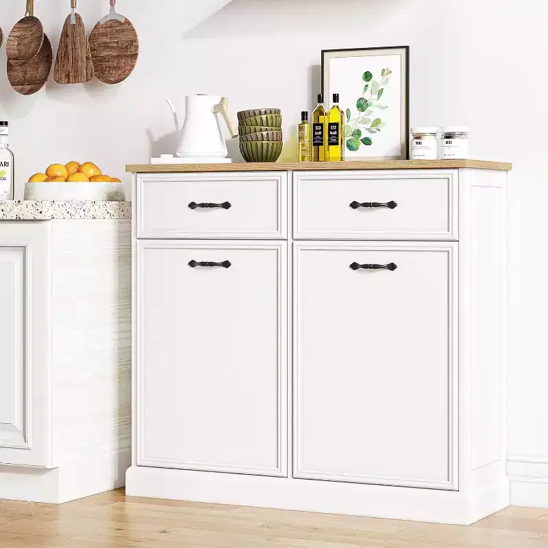 10 Gallon Single Trash Cabinet Tilt Out - White Freestanding Garbage Bin Storage for Kitchen, Dining Room, Living Room