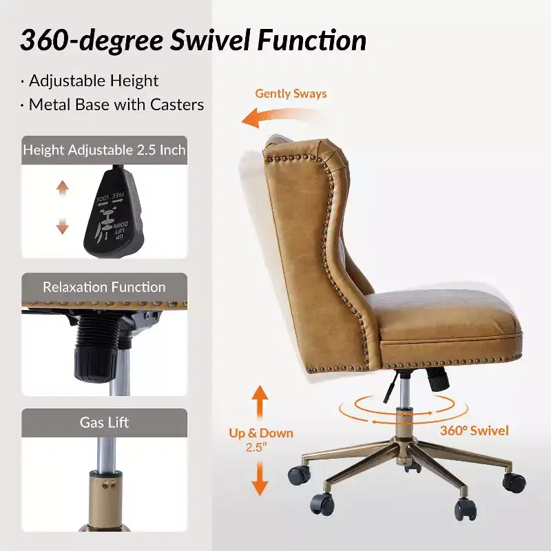 Hazel Traditional Faux Leather Wingback Office Chair — Tufted, Bronze Nailhead, Camel