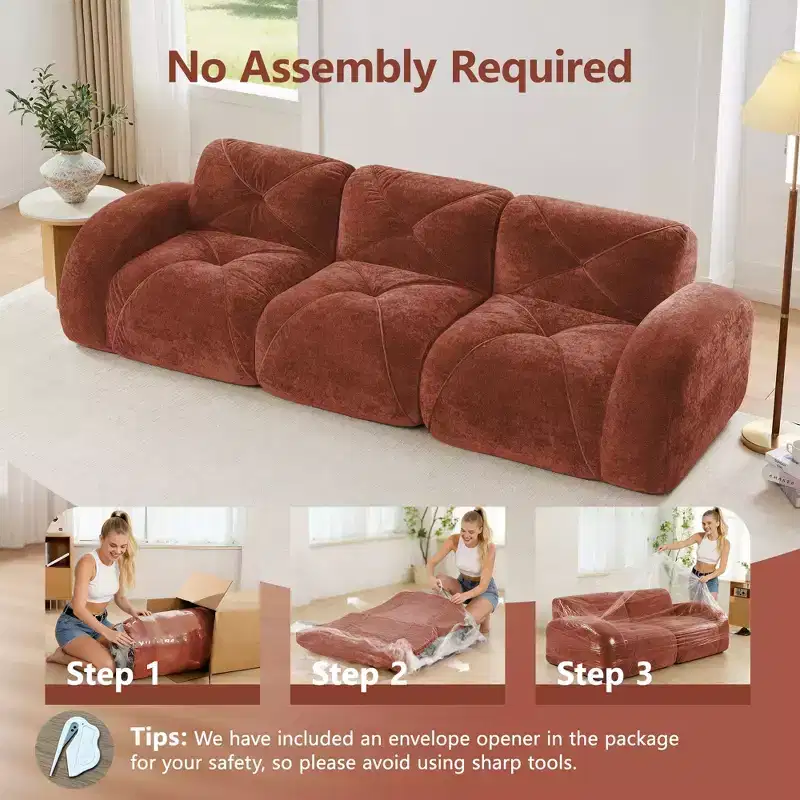 Clihome 110Boneless Sofa With Tufted,Soft Velvet Fabric,Modular Sectional Sofa,32D High Density Sponge,Anti-Slip Design,Ergonomic Design Bottom