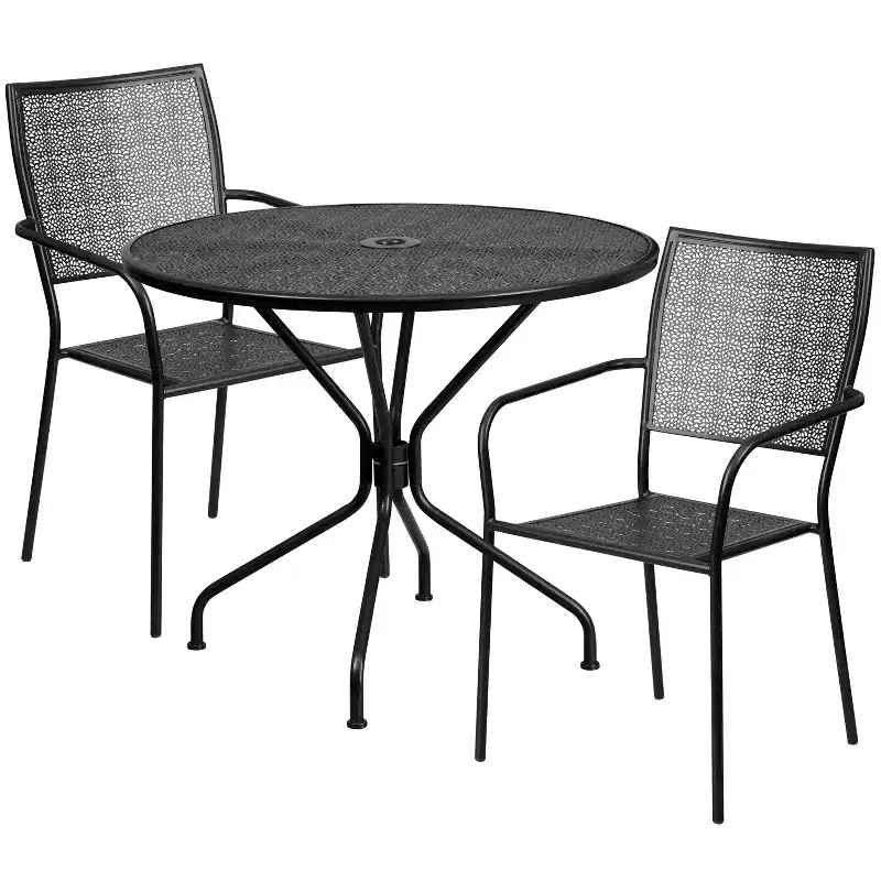 Emma and Oliver Commercial Grade 35.25 Round Metal Garden Patio Table Set, 2 Square Back Chairs