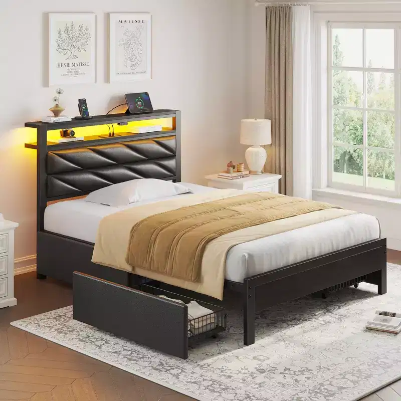Greenstell Upholstered Storage Headboard Bed Frame - 4 Under-Bed Drawers, Dimmable LED Lights & Charging Station, Easy Assembly