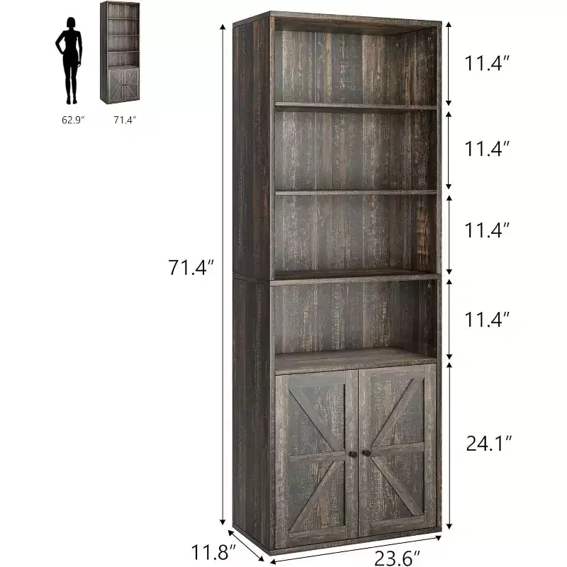 Industrial Oak Bookcase with Doors, 4-Shelf Storage Display, 71.4in Tall, 11.8in Depth, for Bedroom/Living Room/Home Office