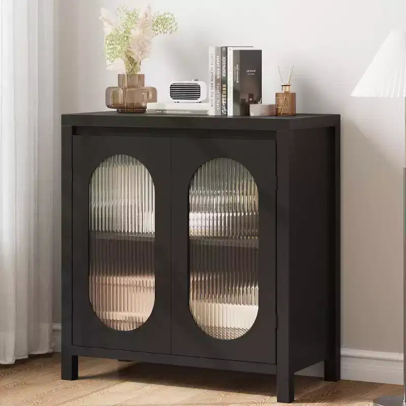 Storage cabinet with adjustable shelves, black decorative storage cabinet, suitable for living room, dining room and entryway.
