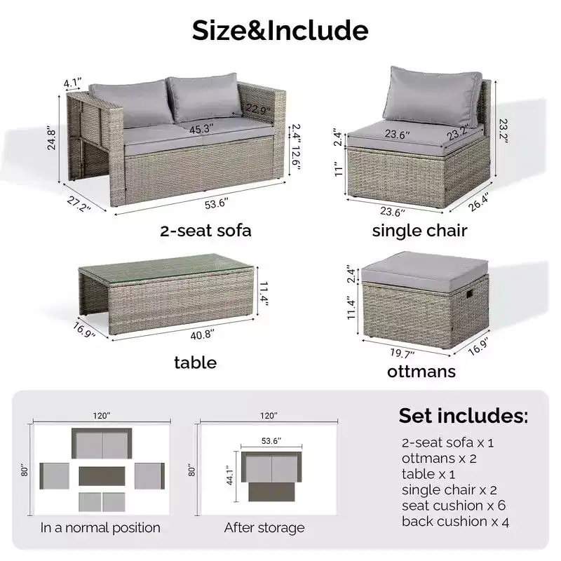 Karl Home Patio 6-Piece Grey Wicker Conversation Set with Grey Cushions