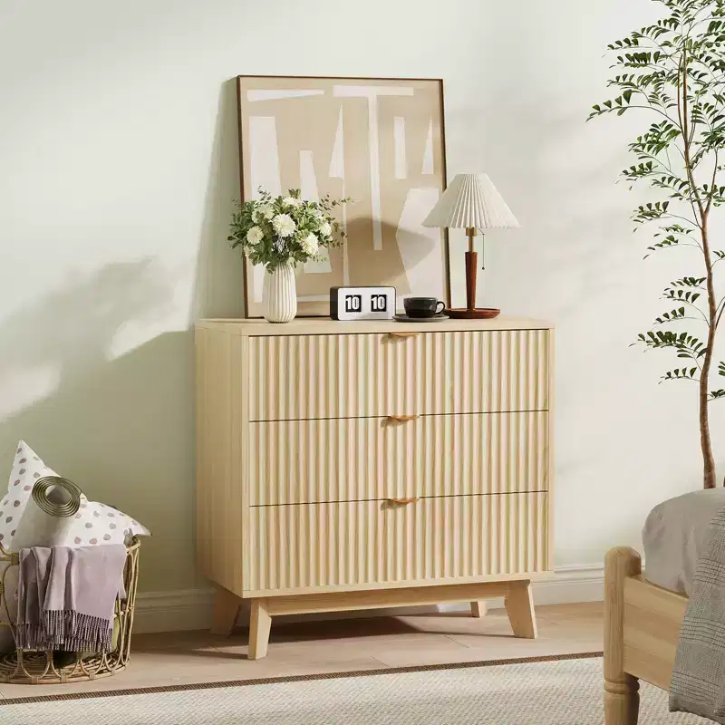 3-Drawer Dresser with Fluted Panel Design, Oak Finish