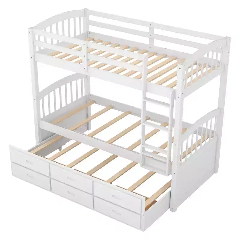Twin over Twin Wood Bunk Bed with Ladder, Trundle & 3 Drawers – 400 lbs