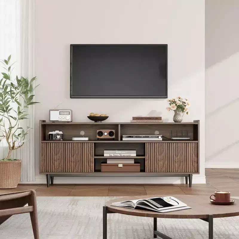 Fluted TV Stand for 75 Inch, Boho Entertainment Center with Sliding Doors, Wood Media Cabinet Furniture with Adjustable Shelves