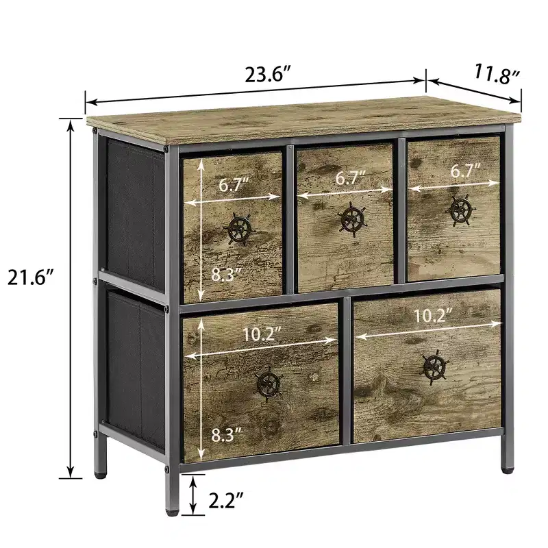 Wooden Top Dresser with 5 Fabric Drawers, Bedside End Table, Easy Pull Handle, Gray