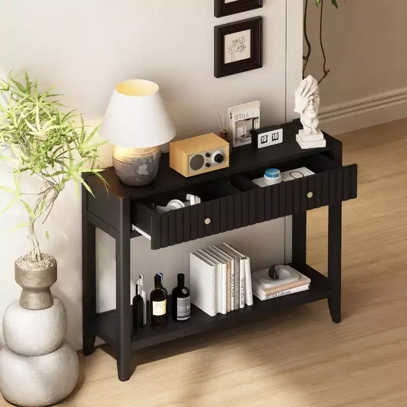 Console Table Entryway Table Sofa Side Table Storage Accent Table with Drawers & Shelf, Black