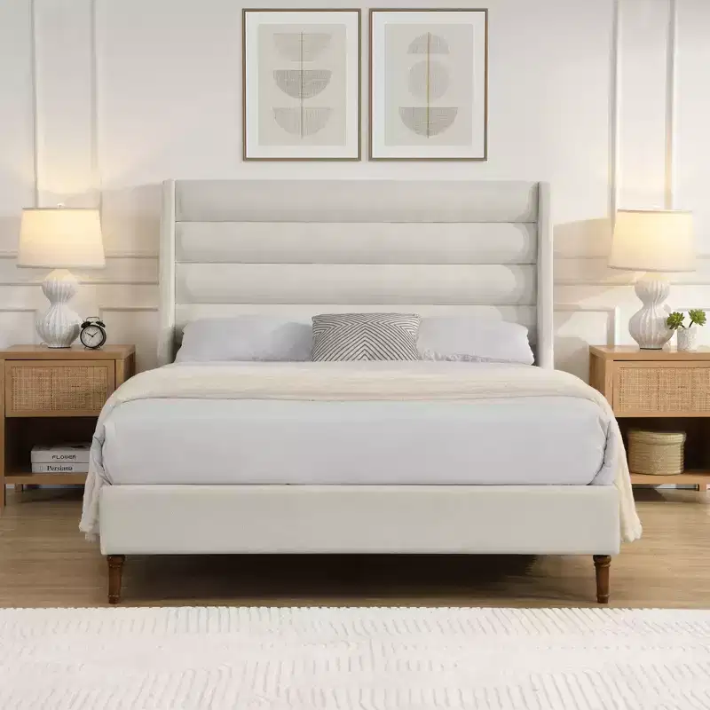 Queen and King Size Platform Bed Frame with High Wavy Headboard, Chenille Upholstered